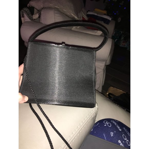 Square Satin Black Formal Purse Top Closure Hand or Shoulder Bag - Picture 4 of 7